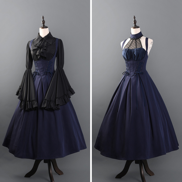 海外ブランド  紺紫のお嬢様のジャンパースカートと編み上げブラウスと コスプレ衣装
