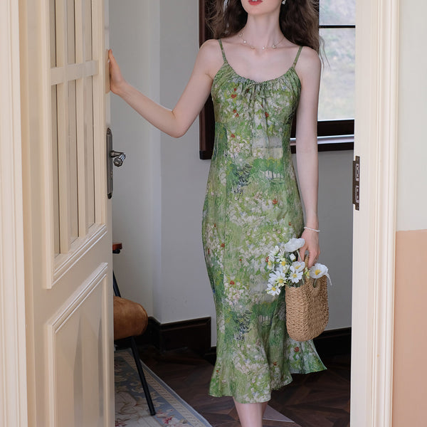 White green forest floral print camisole dress and chiffon