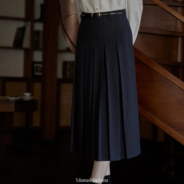 Dark Gray Striped Pleated Skirt