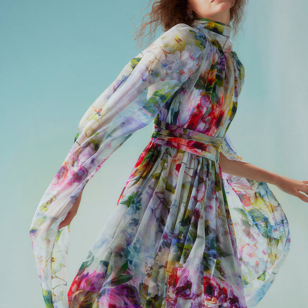 花群集の水彩画ロングワンピース – ManusMachina