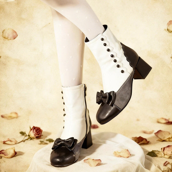 Ribbon Victorian Button Short Boots - Black White Gray[2026年2月