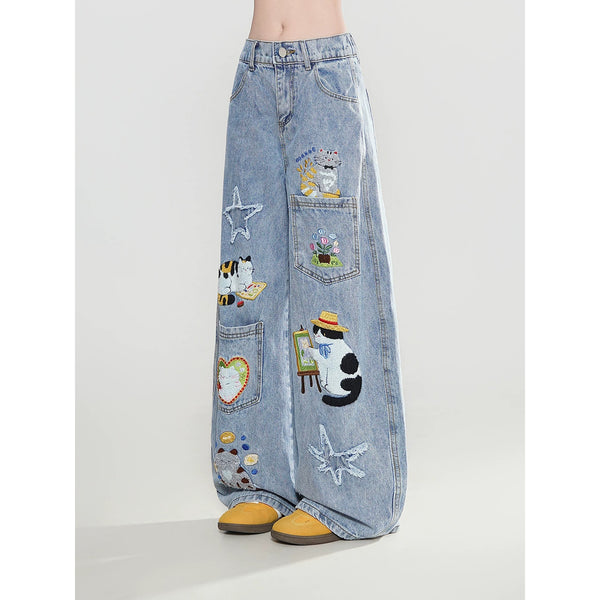 seven by seven DENIM WIDE PANTS 刺繍 デニム S Cat's Daily Life Embroidered Denim Pants – ManusMachina