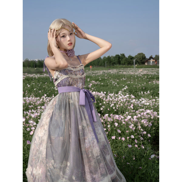 藤紫の花の油彩画ジャンパースカート
