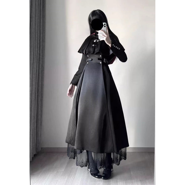 沈黙の修道女のゴシックワンピースとフードケープ - Black Red[2026年5