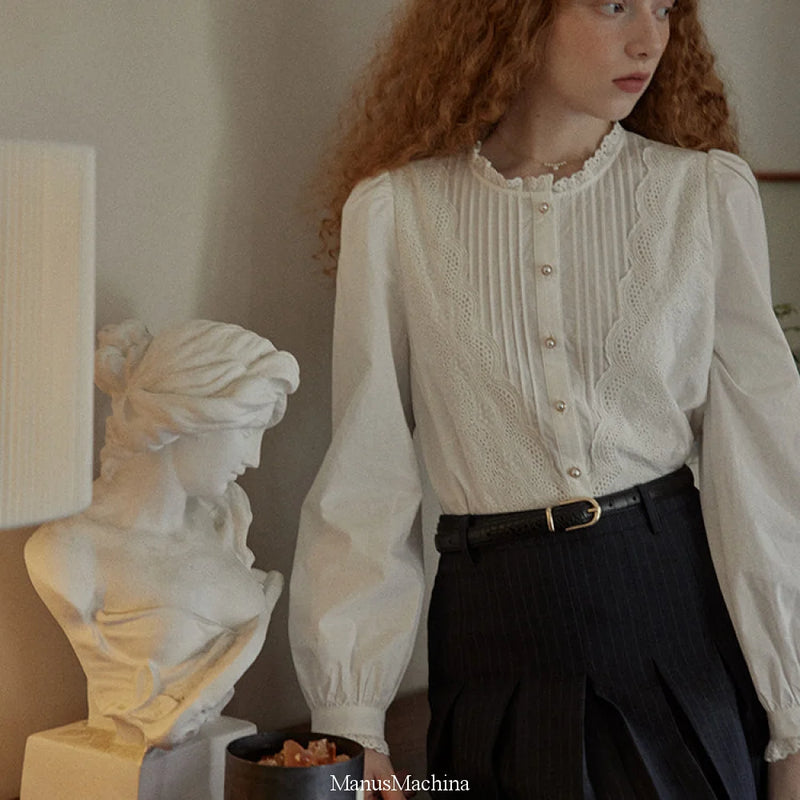 Embroidered and Pleated French Retro Blouse