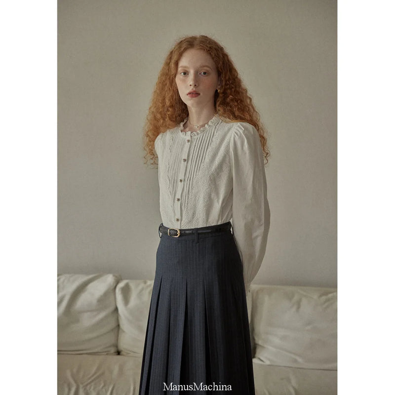 Embroidered and Pleated French Retro Blouse