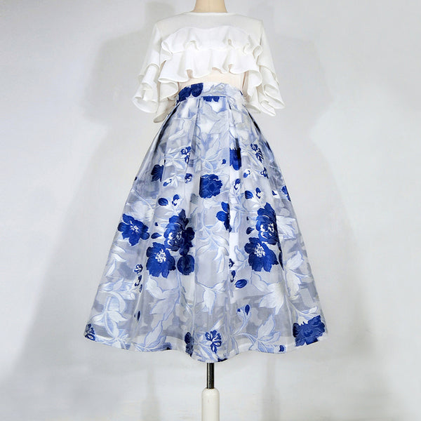紺青の花柄刺繍ヘップバーンスカート