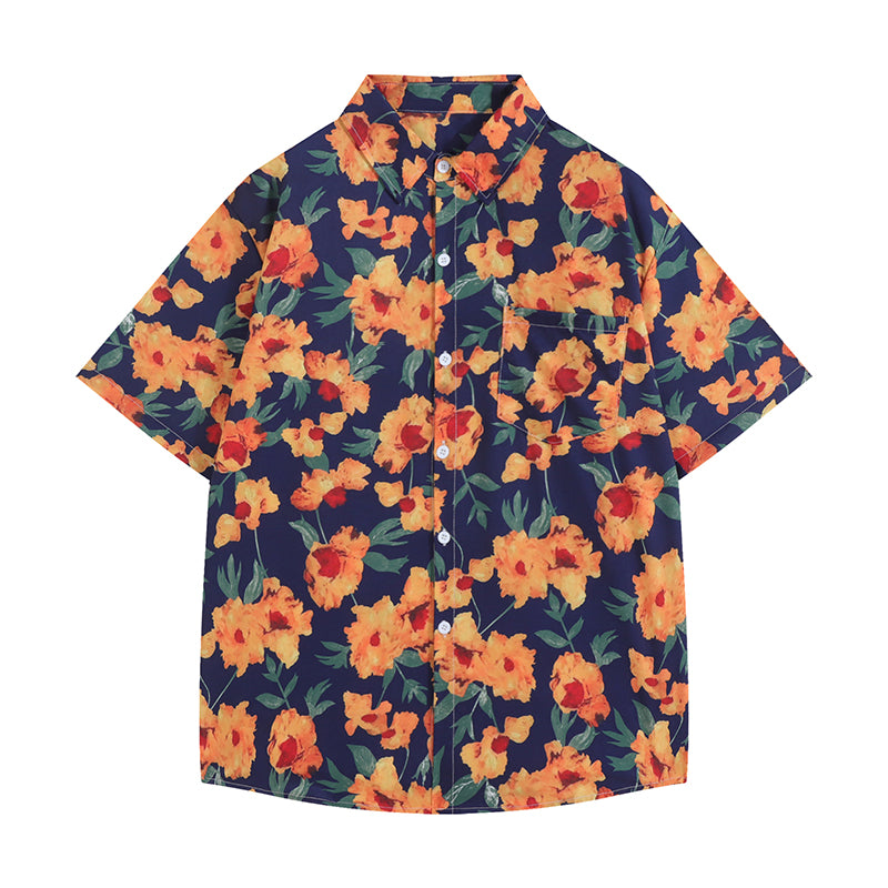 橙色の花の油彩画シャツ