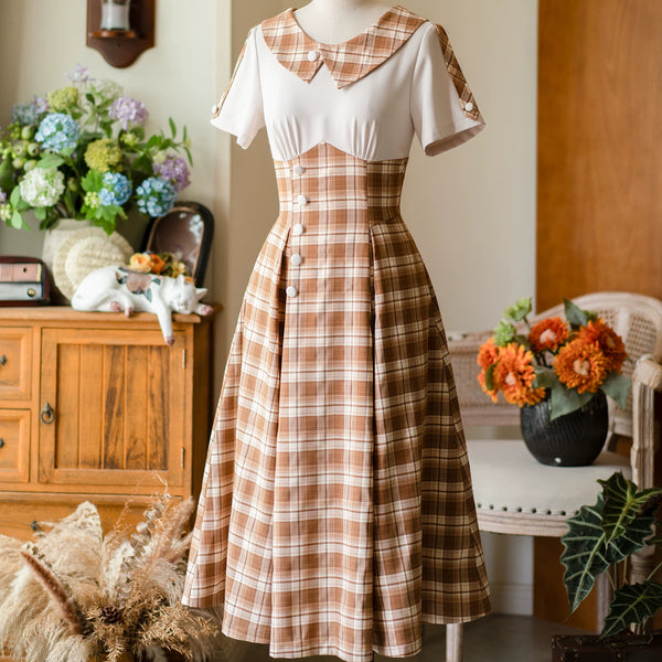 英国令嬢のレトロチェックワンピース - Light Brown – ManusMachina