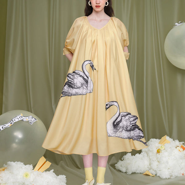 Pale yellow swan pattern dress ManusMachina