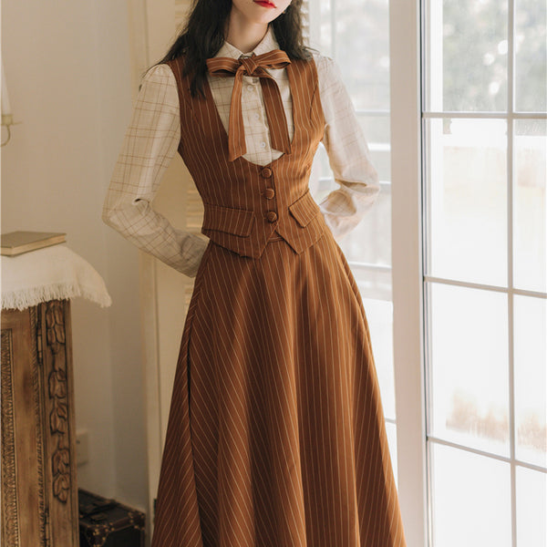 Mulberry brown vertical striped skirt, vest and blouse