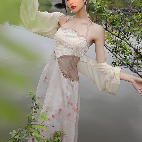 Peony flower oil painting pole gown dress and cardigan