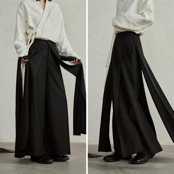 Black Draped Layered Wide Pants