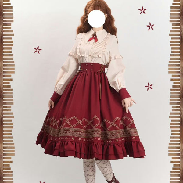 深紅の幾何学刺繍コルセットスカート