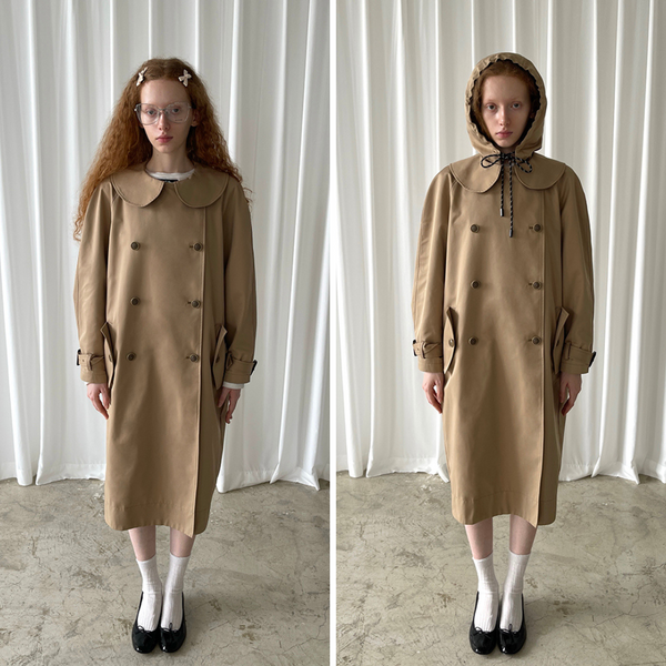 Khaki Doll Collar Detachable Hooded Trench Coat