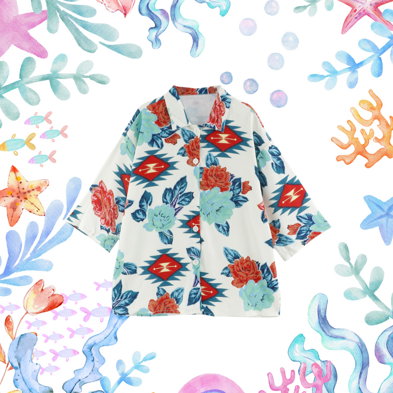 Tropical Flowers and Geometric Pattern Blouse