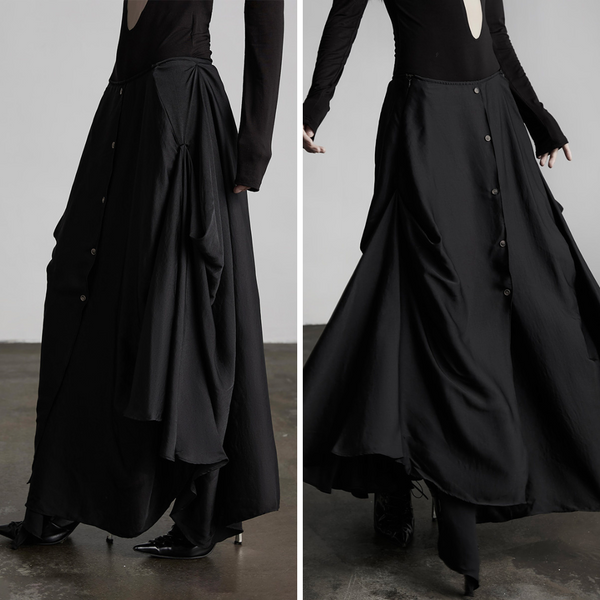 Black Asymmetric Button Long Skirt