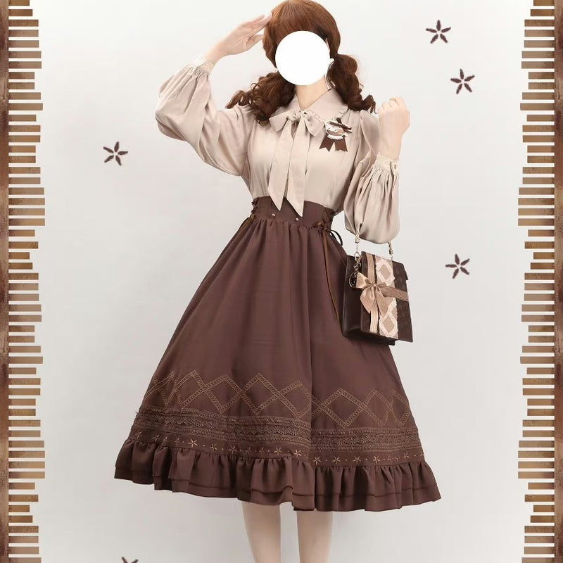 灰茶の幾何学刺繍コルセットスカート