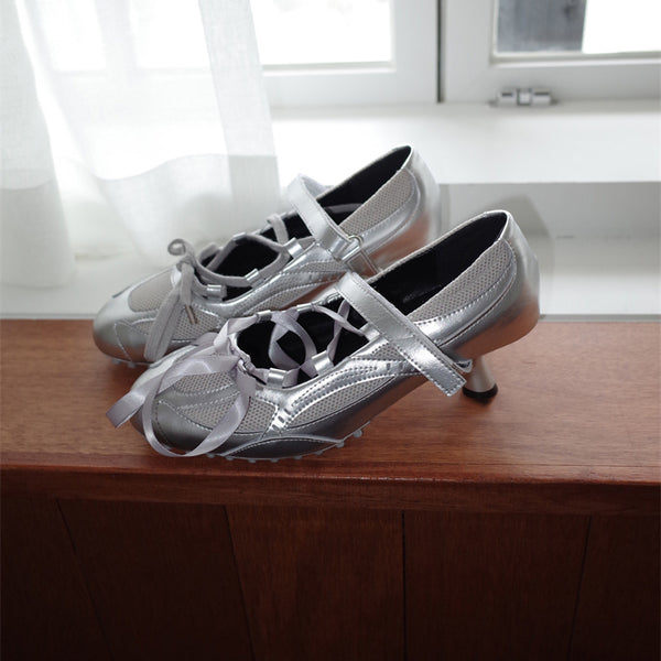 Metallic Silver Ribbon Mary Jane Heel Shoes