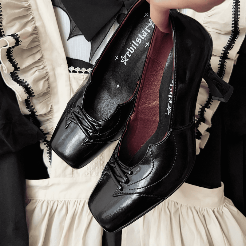 Black Lace Up Square Toe Heel Pumps[2024年11月下旬-12月中旬発送予定]