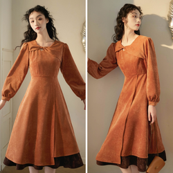 Orange Brown Corduroy Retro Dress