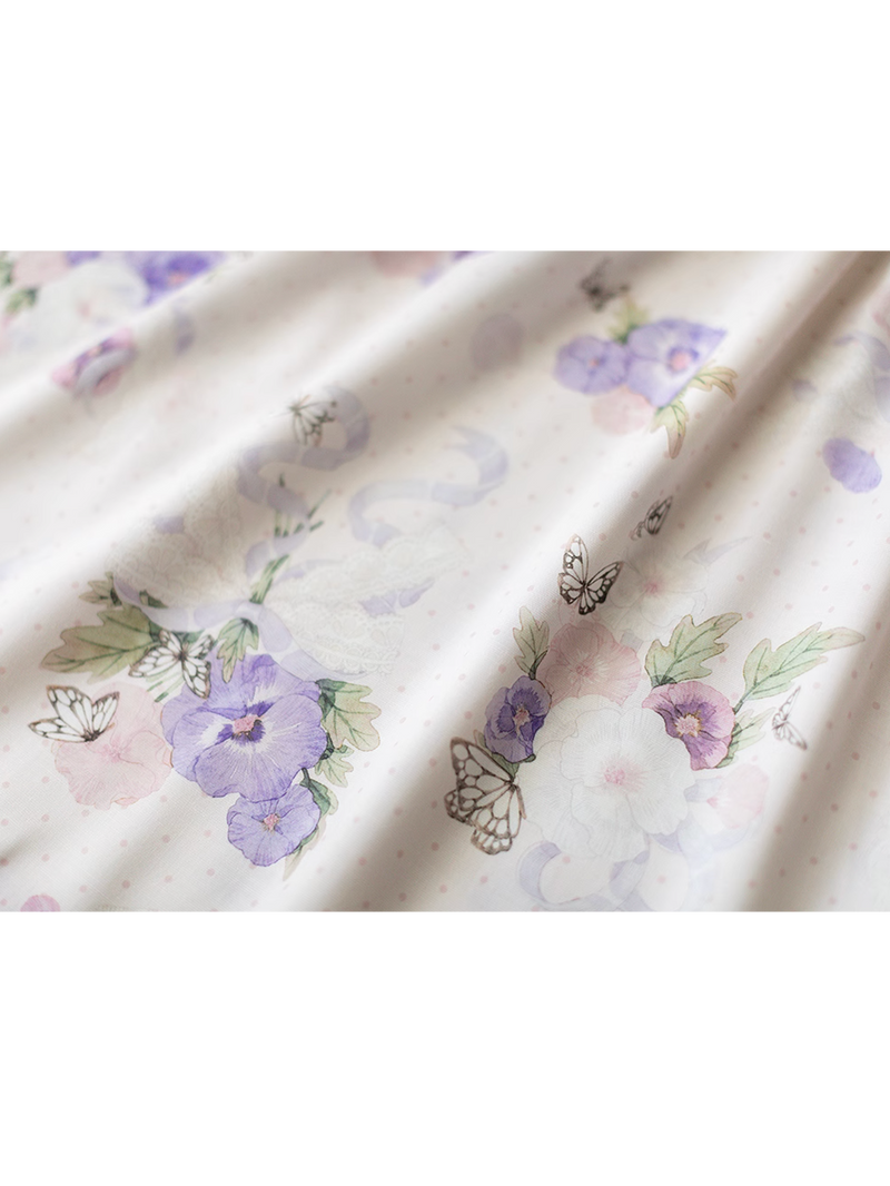 三色菫と蝶々の水彩画コルセットワンピース（アイボリー）