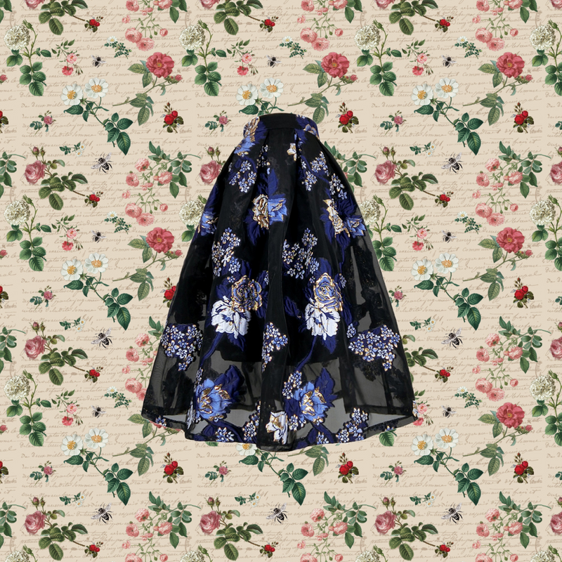 紺青色の花柄刺繍ヘップバーンスカート
