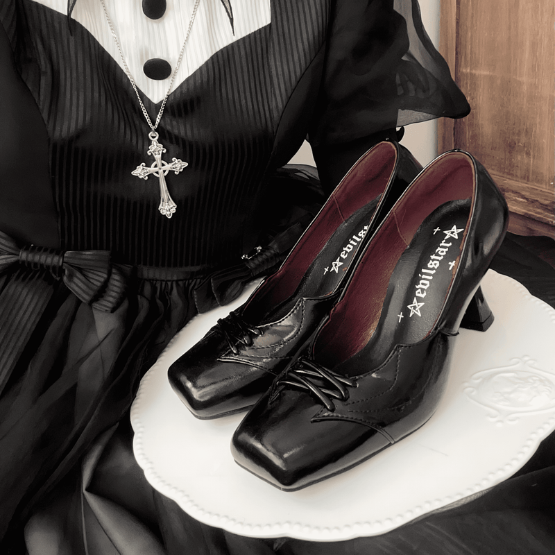 Black Lace Up Square Toe Heel Pumps[2024年11月下旬-12月中旬発送予定]