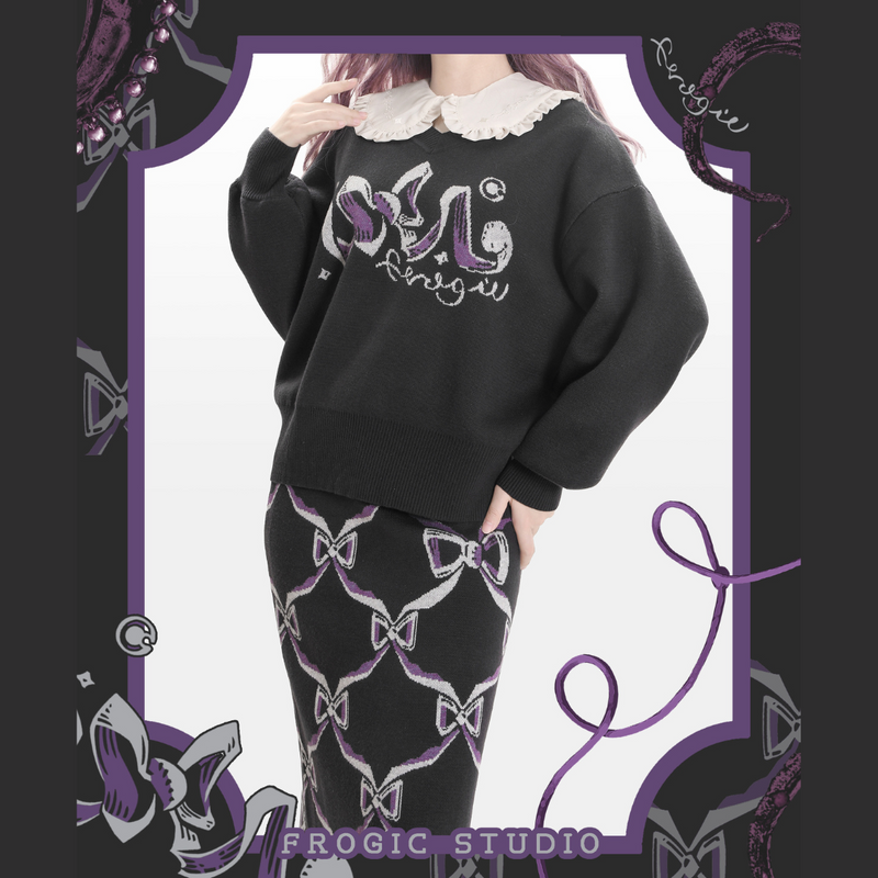 Black and Purple Sweater and Skirt with a Ribbon Pattern[2025年2月下旬-3月中旬発送予定]