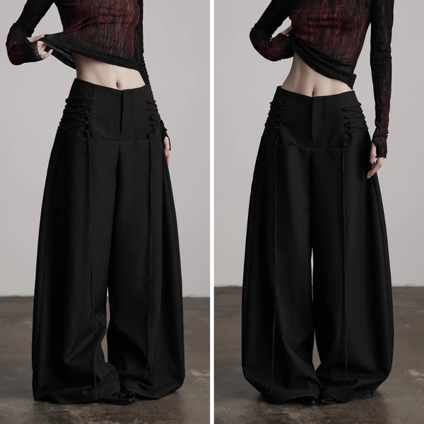 Black Wide Pants with Side Ribbon