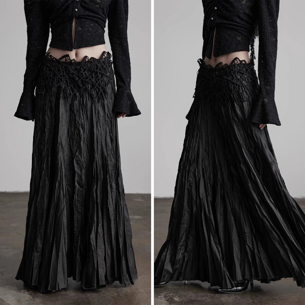 Black Embroidered Pleated Long Skirt