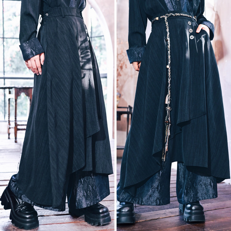 漆黒の蛇鱗ワイドドレープパンツ