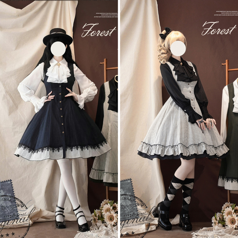 濃紺の縦縞クラシカルジャンパースカート - ミドル丈[2025年12月下旬-2026年1月下旬発送予定]