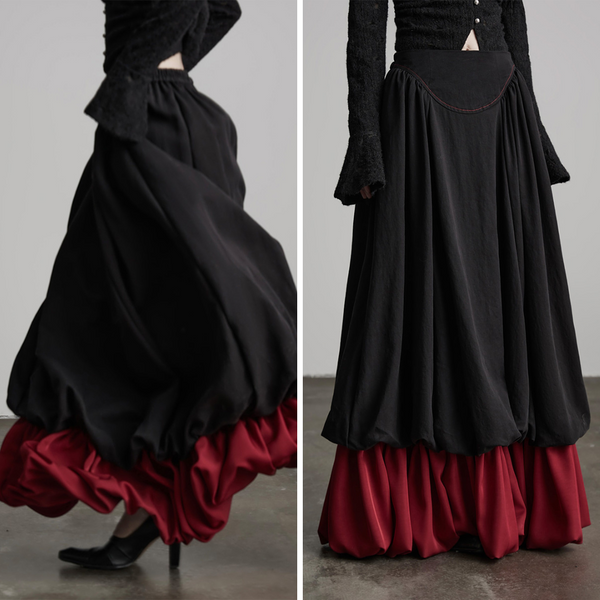 Black and Red Bicolor Layered Long Skirt