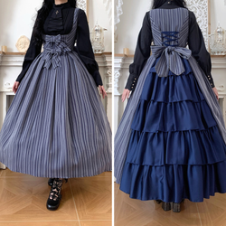 西洋令嬢の縦縞クラシカルジャンパースカート - Navy Gray[2026年1月上旬-1月下旬発送予定]