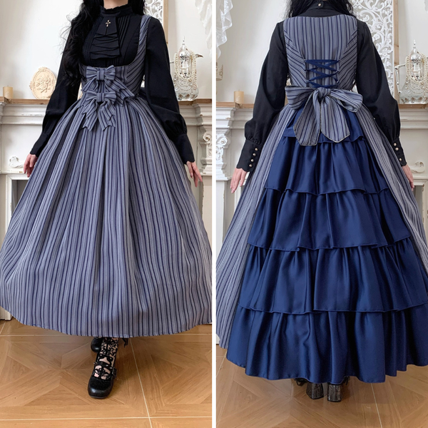 西洋令嬢の縦縞クラシカルジャンパースカート - Navy Gray[2026年1月上旬-1月下旬発送予定]