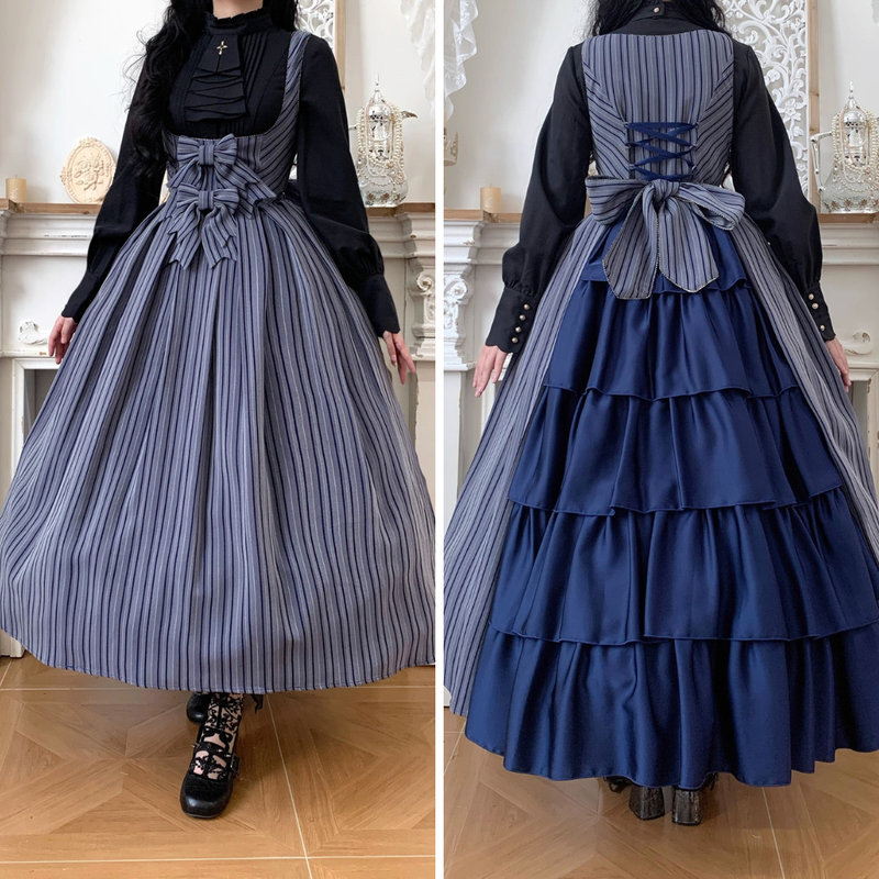 西洋令嬢の縦縞クラシカルジャンパースカート - Navy Gray[2026年1月上旬-1月下旬発送予定]