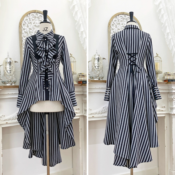 中世貴族のヴィクトリアンテールブラウス - Gray Block Stripe[2025年12月上旬-12月下旬発送予定]
