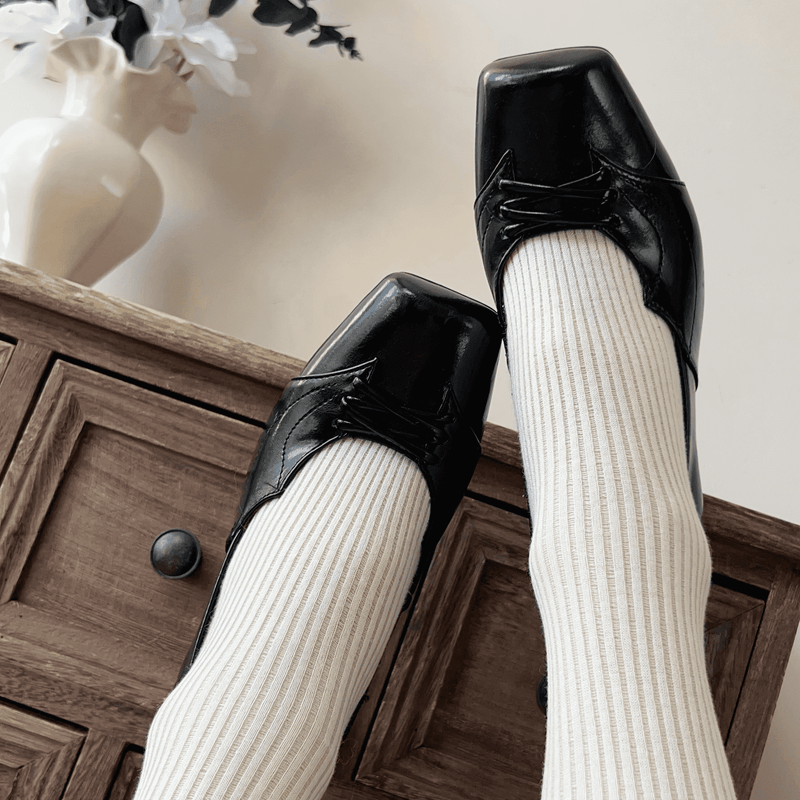 Black Lace Up Square Toe Heel Pumps[2024年11月下旬-12月中旬発送予定]