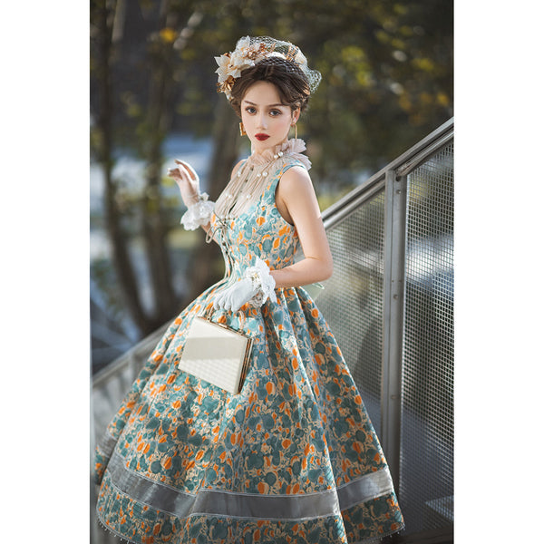 Western Queen Flower Pattern Elegant Dress
