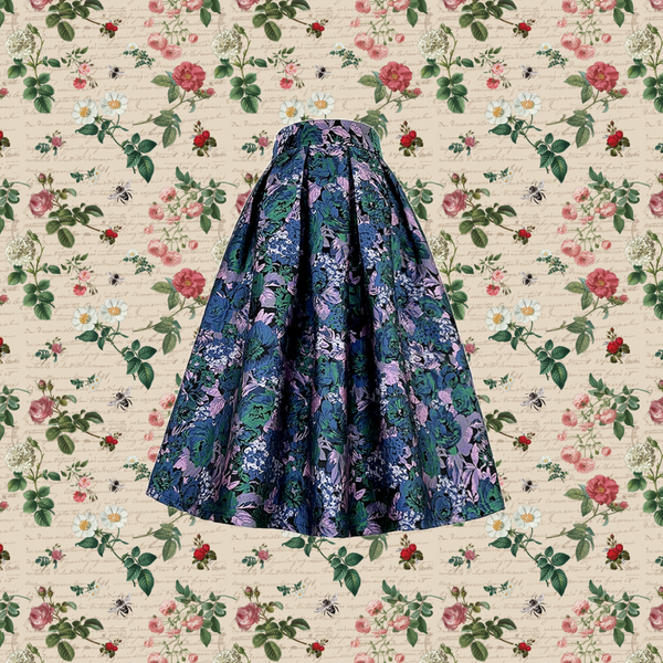 藍紫の花群集ヘップバーンスカート