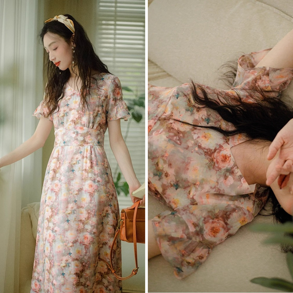 花群集の水彩画ワンピース