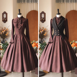 英国のお嬢様のクラシカルストライプワンピース - Burgundy – ManusMachina
