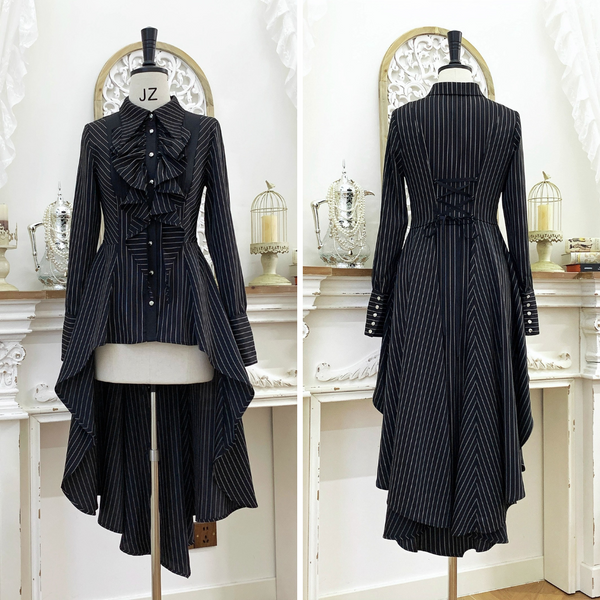 中世貴族のヴィクトリアンテールブラウス - Black Pin Stripe[2025年12月上旬-12月下旬発送予定]