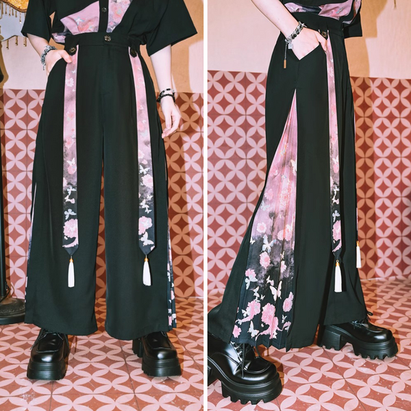 暗夜の花と蝶々のワイドパンツ