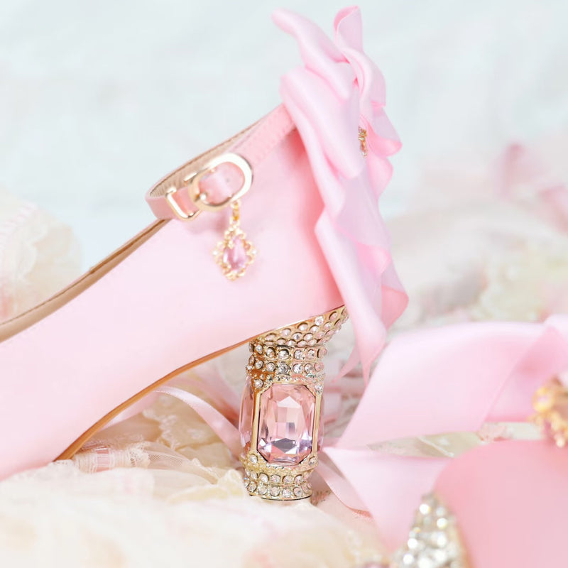 Jewel and Ribbon High Heeled Pumps - Pink × Gold[2025年6月中旬-7月中旬発送予定]