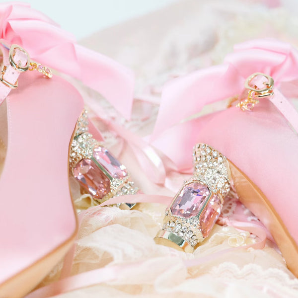 Jewel and Ribbon High Heeled Pumps - Pink × Gold[2025年6月中旬-7月中旬発送予定]