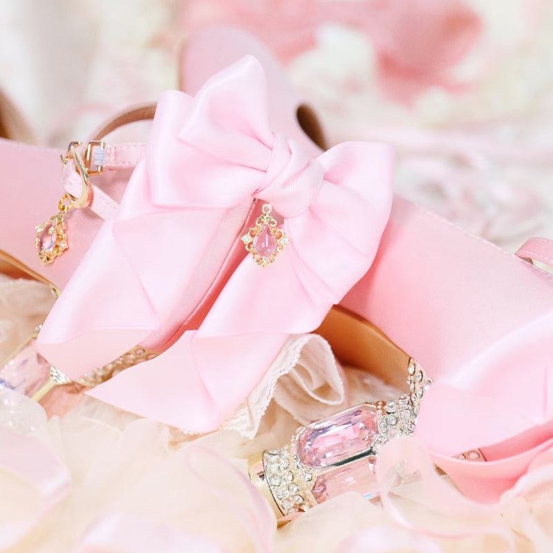 Jewel and Ribbon High Heeled Pumps - Pink × Gold[2025年6月中旬-7月中旬発送予定]