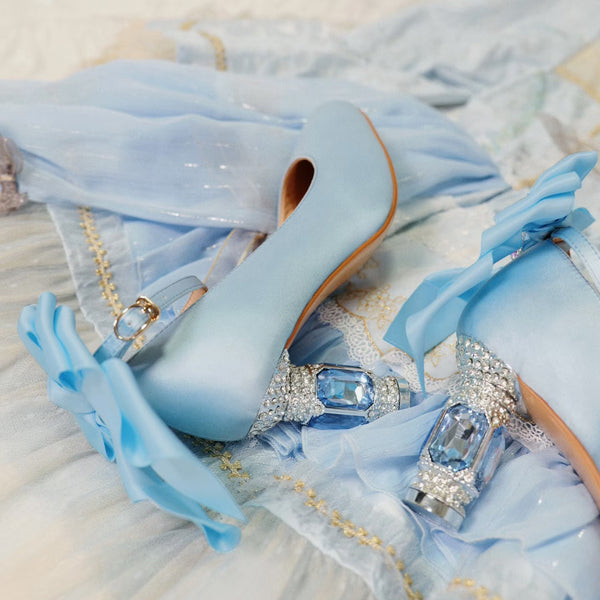 Jewel and Ribbon High Heeled Pumps - Light Blue × Silver[2025年6月中旬-7月中旬発送予定]