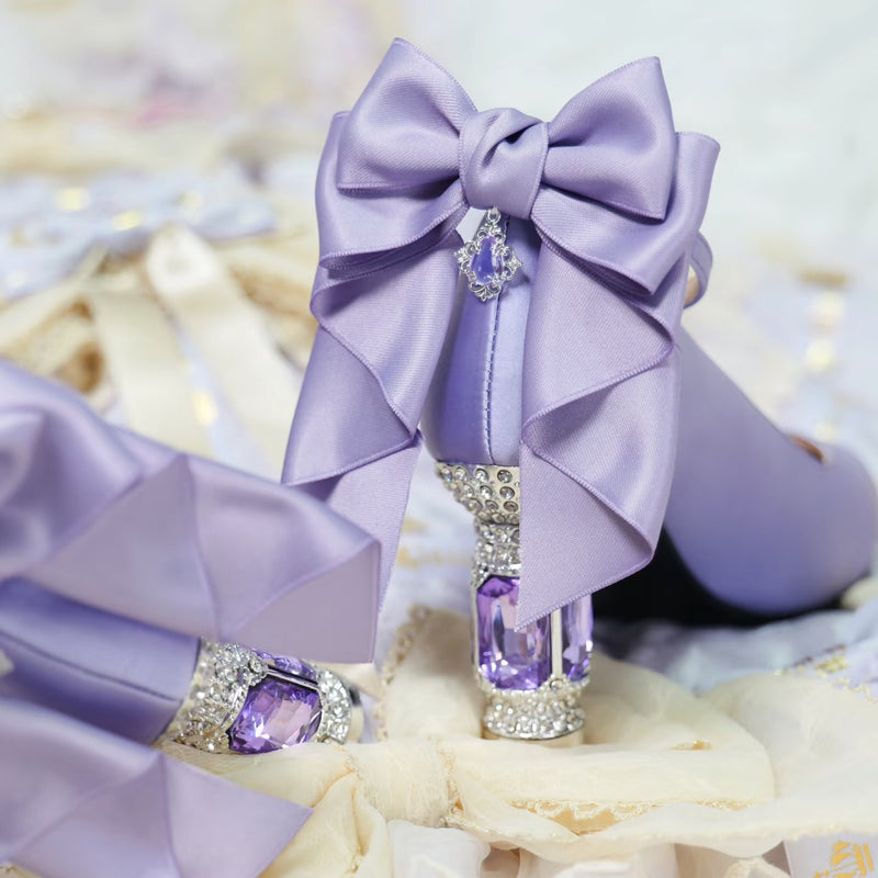 Jewel and Ribbon High Heeled Pumps - Purple × Silver[2025年6月中旬-7月中旬発送予定]